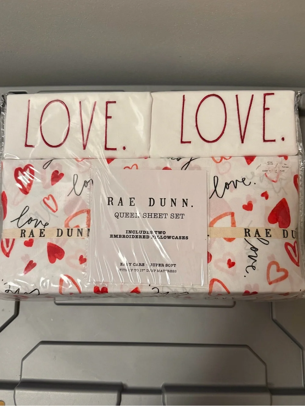 Rae Dunn White Sheet Set with Red & Pink Heart Motif